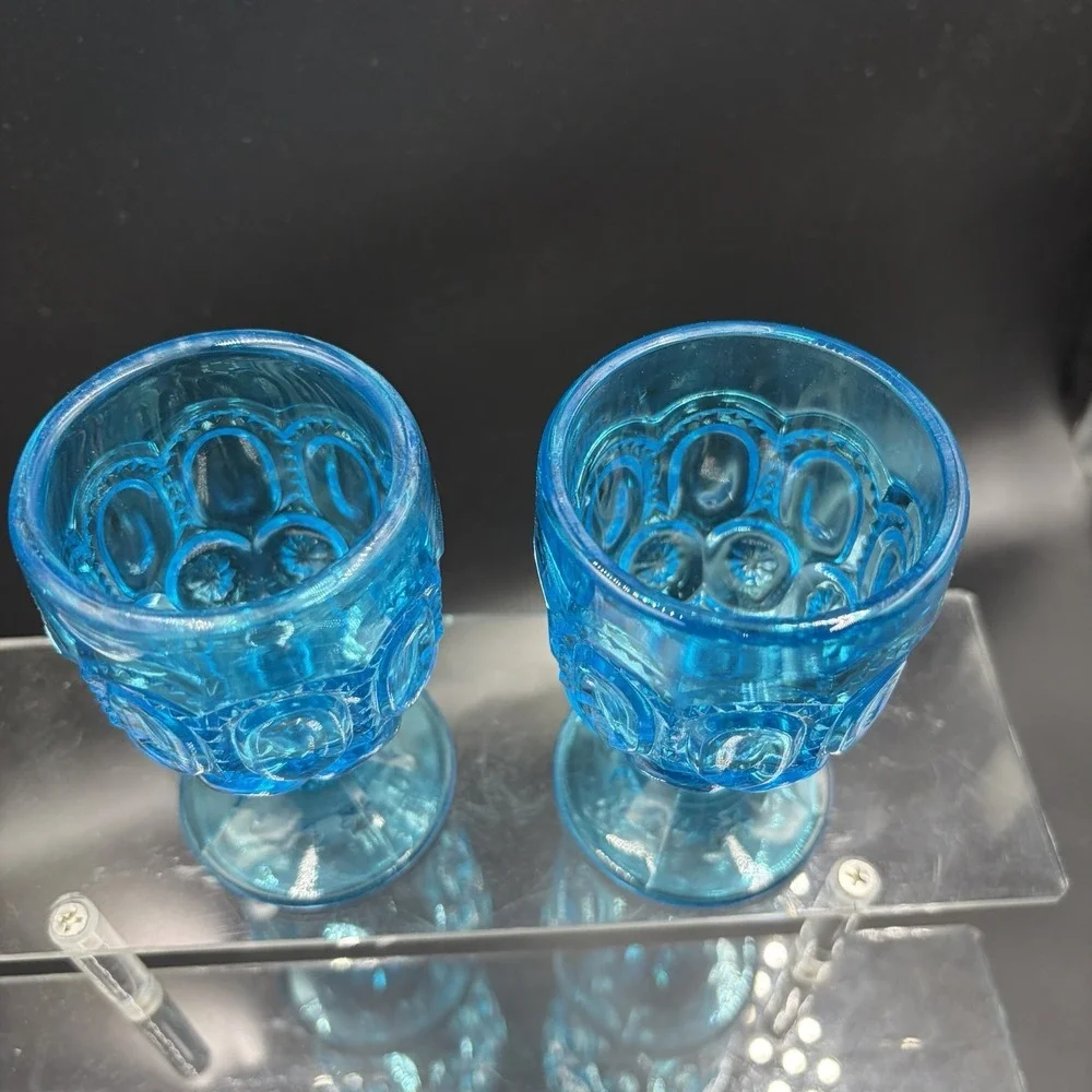 Vintage LE Smith Moon & Stars Peacock Blue Cordial Set of 2 Pedestal Goblet UV +